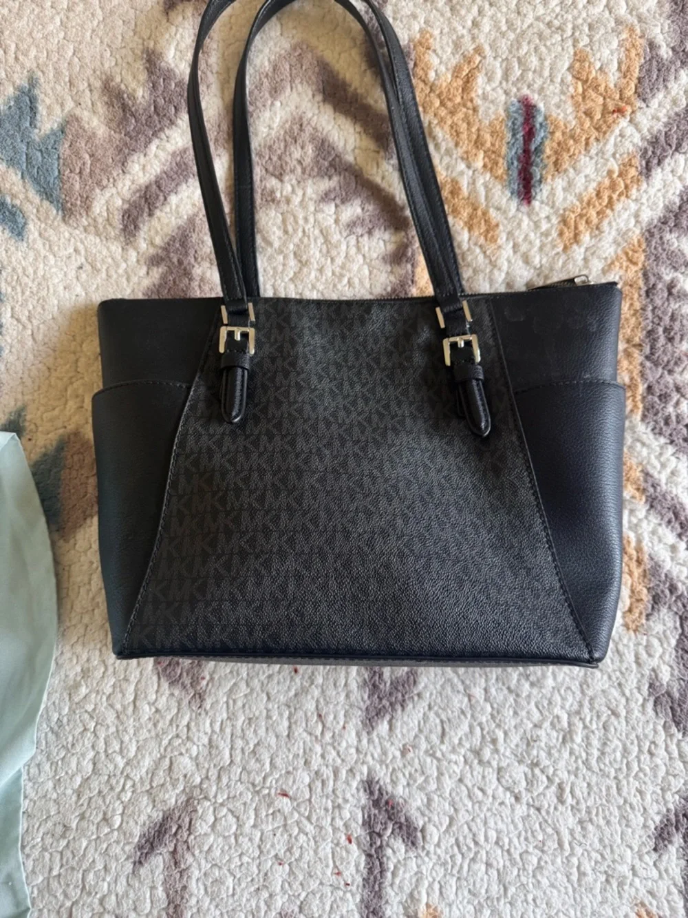 Michael Kors Black Logo-Print Leather Tote with Gold Hardware - Picture 2 of 2